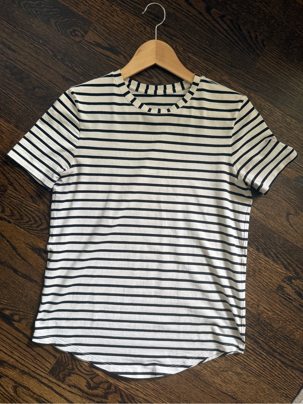 lululemon athletica White and Black Striped Short Sleeve Crew Tee
